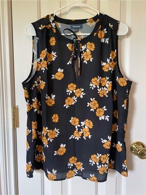 ModCloth Black & Mustard Floral Sleeveless Tie-Neck Top Size Large